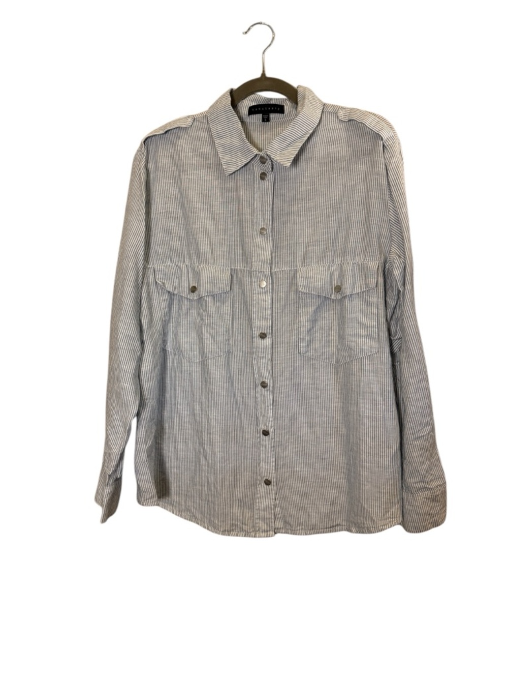 Sanctuary Blue White Linen Cotton Utility Railroad Pinstripe Snap Shirt sz L